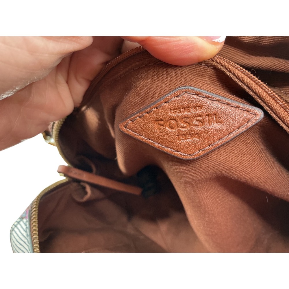 Fossil Geometric Print Satchel Crossbody Bag‎ and Wallet Set Brown Leather Trim - Picture 3 of 14